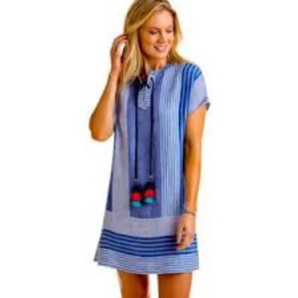 Womens Vineyard Vines 100% Linen Blue / White Striped Tassle Dress Size 0‎ - Picture 1 of 4